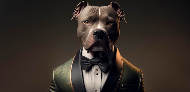Perro pitbull vestido con un traje de negocios formal hombre de negocios antropomórfico IA generativa