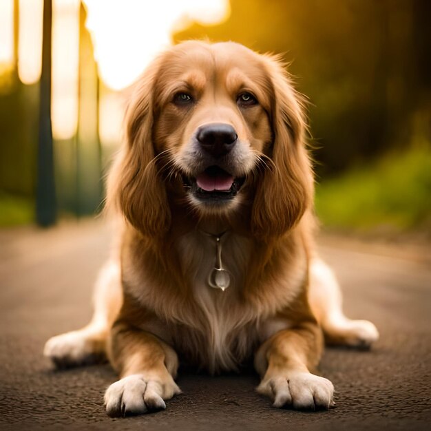 Un perro con una placa que dice "golden retriever"