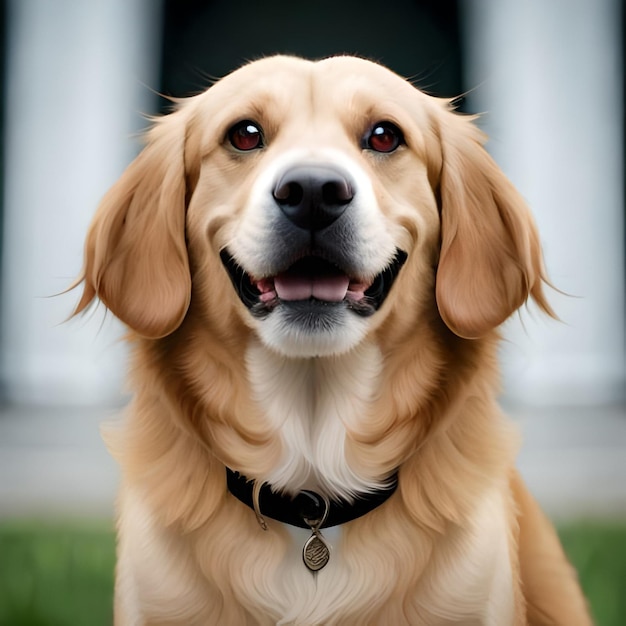 Un perro con una placa que dice "golden retriever"