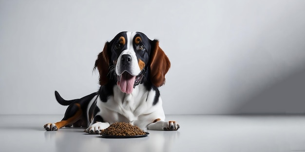 Foto un perro con un plato de comida delante.