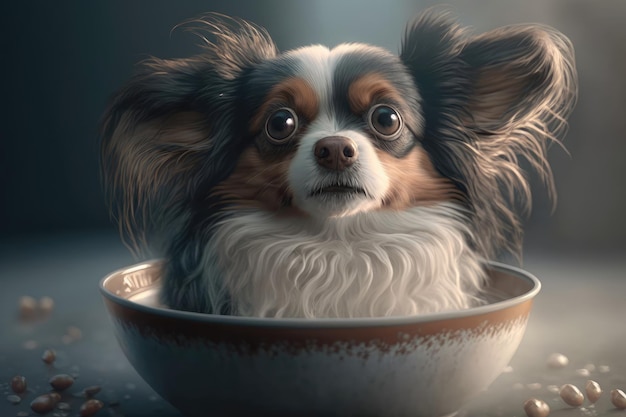 Un perro con un plato de sopa dentro.