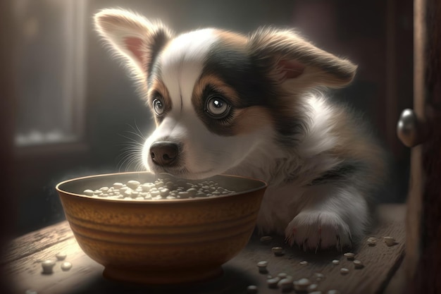 Un perro con un plato de sopa dentro.