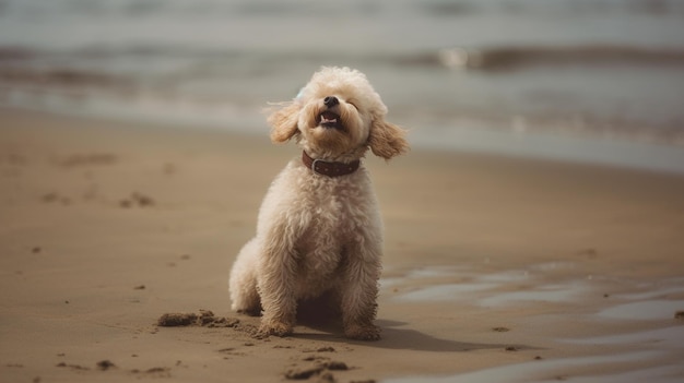 Un perro en la playa con la boca abierta.