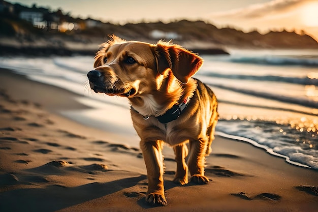 Un perro en la playa con una correa en el cuello.