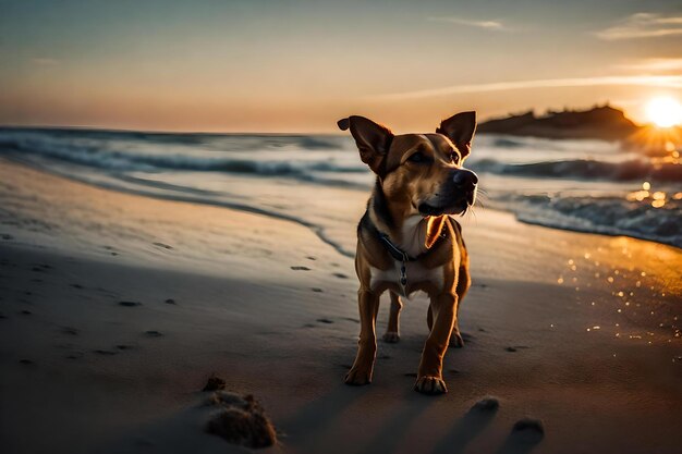 Un perro en la playa con una correa.