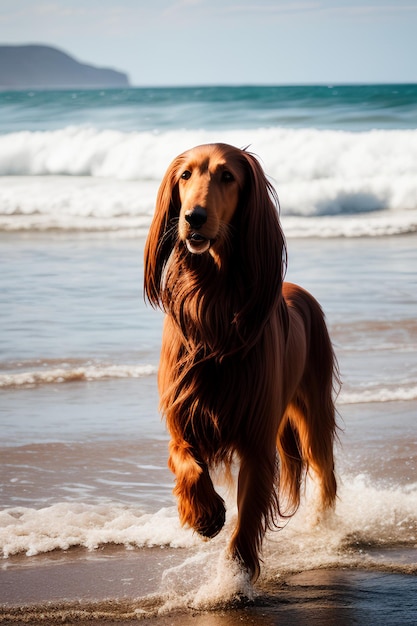 Un perro en la playa frente al mar.