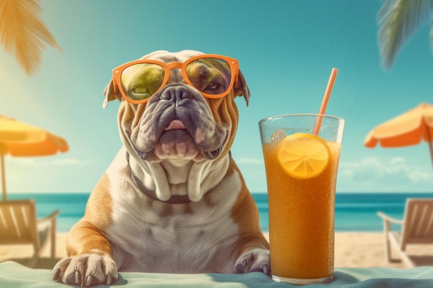 Un perro en la playa con un jugo de naranja.