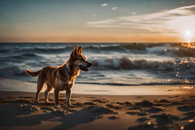 Un perro en la playa con el mar de fondo