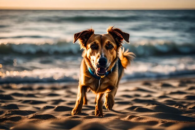 Un perro en la playa con la puesta de sol detrás de él.