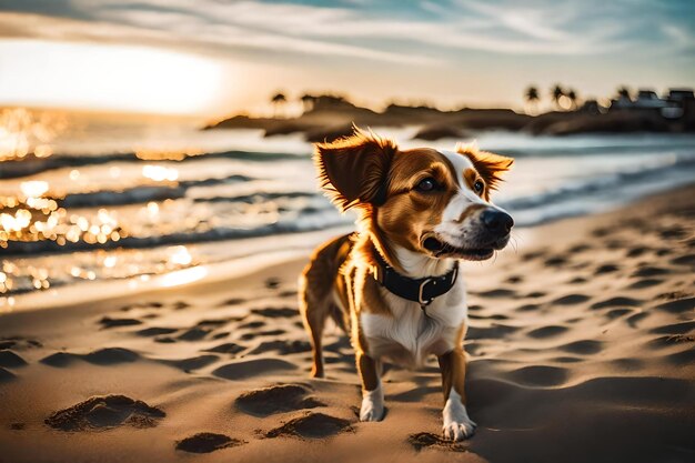 un perro en la playa con la puesta de sol de fondo.