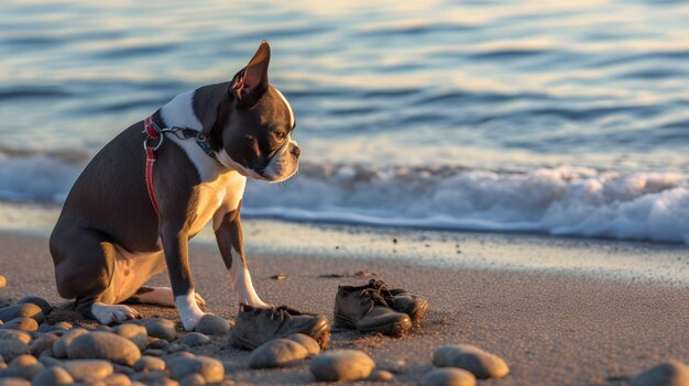 un perro en la playa con rocas al fondo