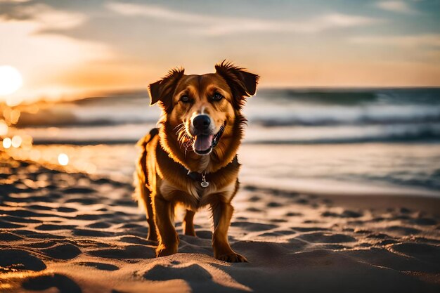 Un perro en la playa con el sol poniéndose detrás de él