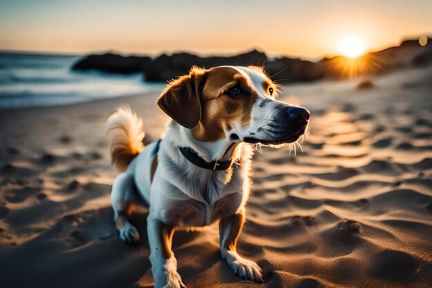 Un perro en la playa con el sol poniéndose detrás de él.