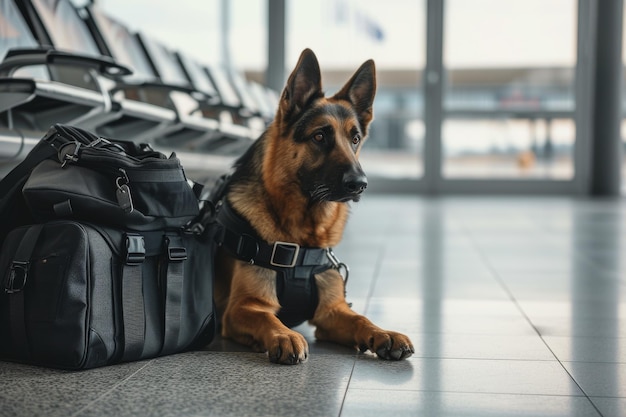 Foto perro policial inspeccionando el equipaje en el aeropuerto con fines de seguridad y protección