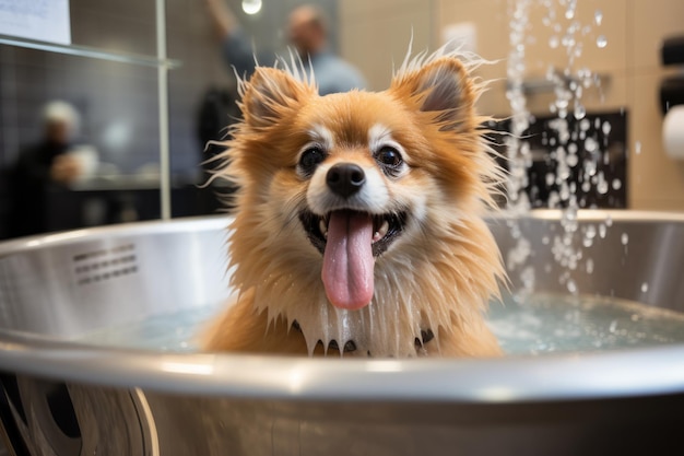 Foto perro de pomerania disfrutando del tratamiento de baño en el salón de mascotas