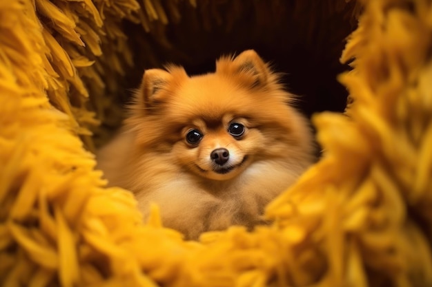 Perro de Pomerania en la manta amarilla