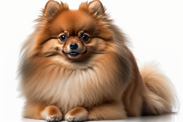 Un perro Pomerania rojo está sentado frente a un fondo blanco