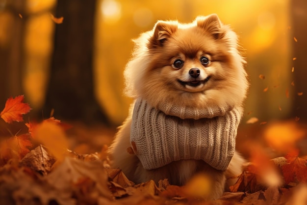 Un perro de Pomerania se sienta en un bosque de otoño con un suéter