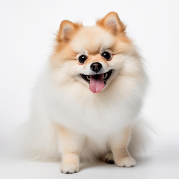 Foto perro de pomerania sonriente sobre un fondo blanco