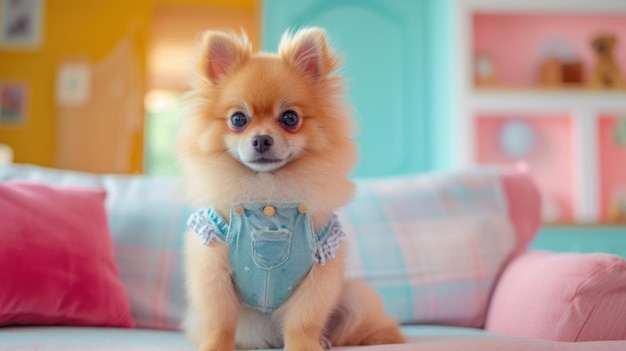 Perro de Pomerania con un traje colorido en el sofá