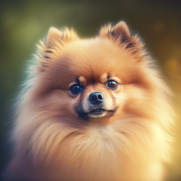 Perro pomeranian realista sobre un deslumbrante fondo natural al aire libre