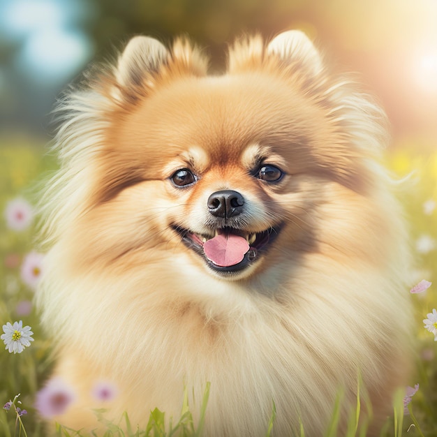 Perro pomeranian realista sobre un deslumbrante fondo natural al aire libre