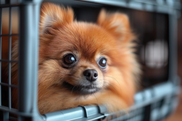 Perro Pomeranian Spitz en un transportador de mascotas listo para viajar