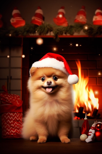 Un perro pomeraniano hiperrealista con un sombrero de Navidad