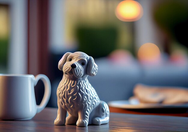 Perro de porcelana se encuentra en una mesa de madera fondo de habitación borrosa