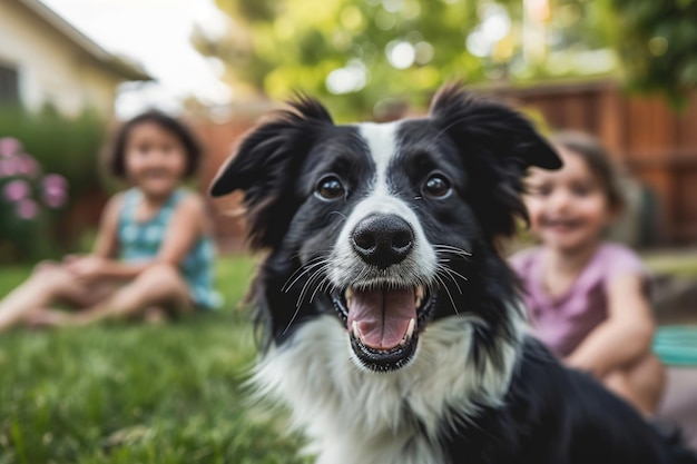 Perro en primer plano y familia en el fondo en el patio trasero