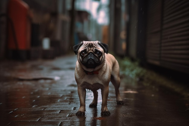 Un perro pug se para en una acera mojada bajo la lluvia.