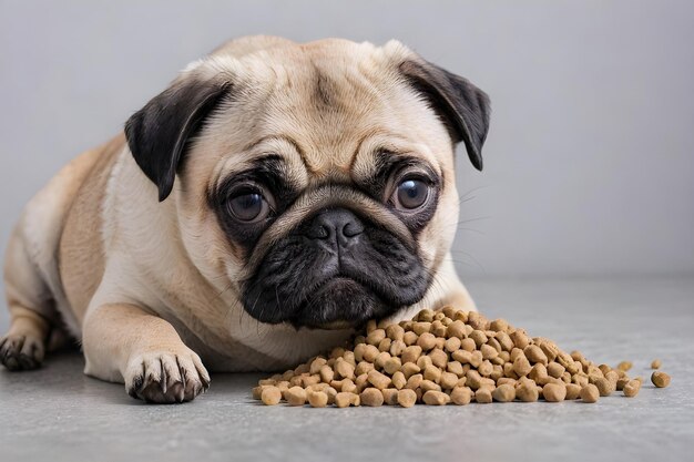 un perro pug acostado en el suelo con una pila de comida para perros