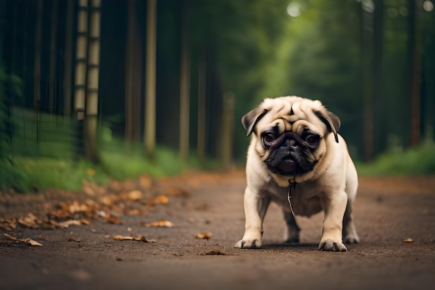 Un perro pug en un camino en el bosque