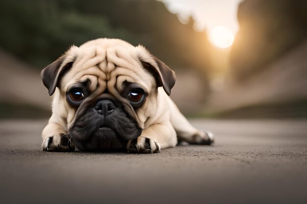 Foto un perro pug en un camino de tierra con un fondo verde