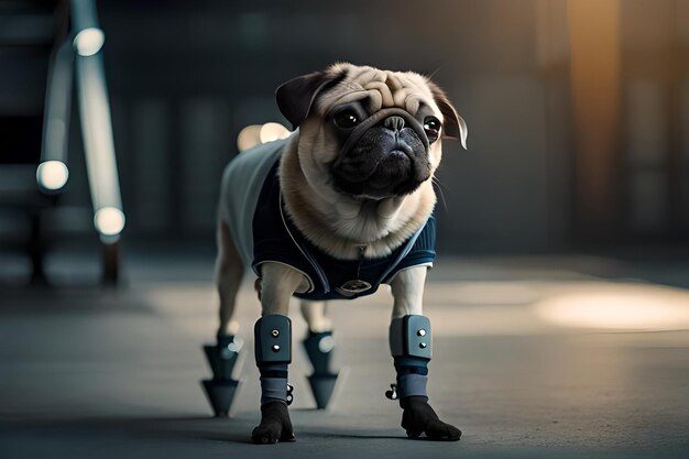 Un perro pug con una camiseta que dice "zapatos de perro"