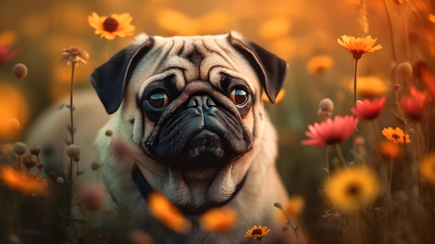 Un perro pug en un campo de flores.