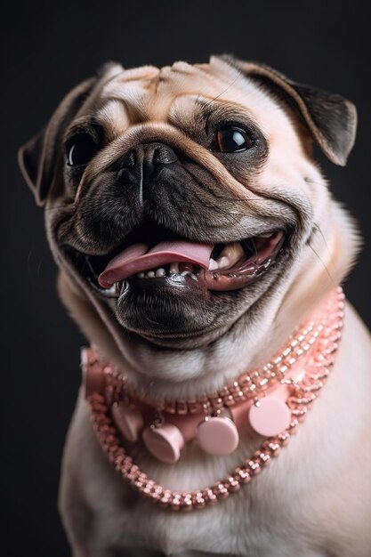 Un perro pug con un collar rosa y un collar rosa.