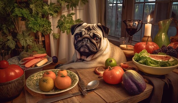 el perro pug come alimentos saludables como verduras al estilo alegre y optimista