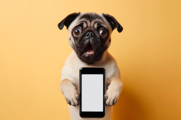 Perro Pug conmocionado sosteniendo un teléfono inteligente con pantalla de maqueta blanca en un fondo de color sólido ai generativo