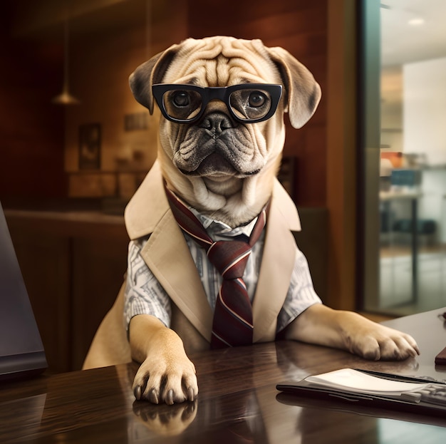 Foto perro pug deprimido trabajando en la oficina concepto de oficial presidente jefe o jefe imagen generada por ia