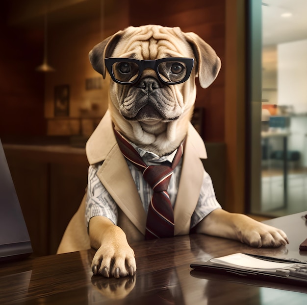 Perro pug deprimido trabajando en la oficina Concepto de oficial presidente jefe o jefe Imagen generada por IA