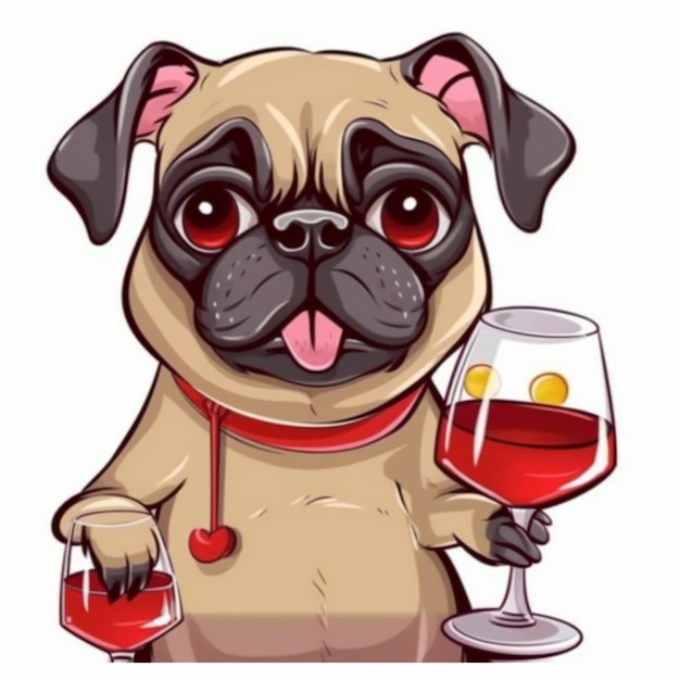 un perro pug de dibujos animados sosteniendo una copa de vino y una botella ai generativo