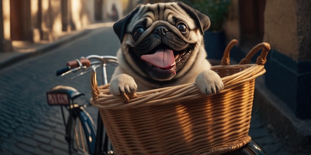 El perro Pug se divierte en bicicleta el día del sol por la mañana en verano en la calle de la ciudad