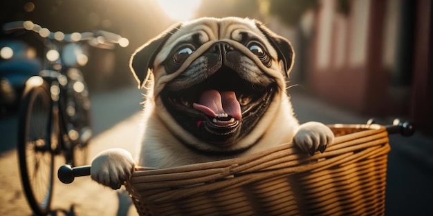 Foto el perro pug se divierte en bicicleta el día del sol por la mañana en verano en la calle de la ciudad