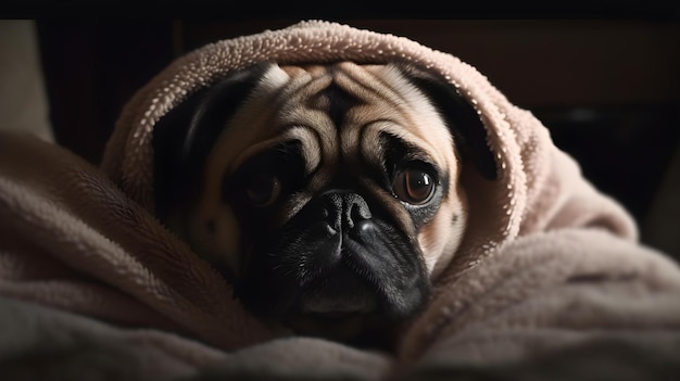 Un perro pug envuelto en una manta.