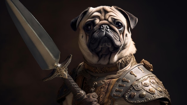 Un perro pug con una espada.