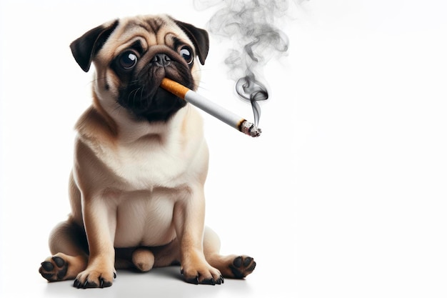 El perro Pug fuma un cigarrillo sobre un fondo blanco