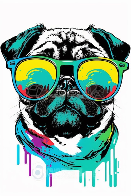 Perro pug con gafas de colores