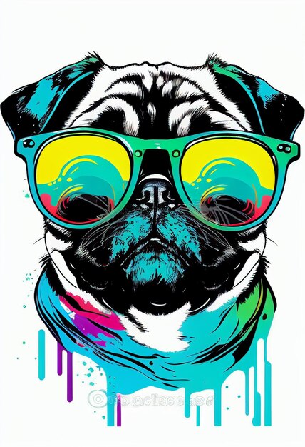 Un perro pug con gafas de colores.