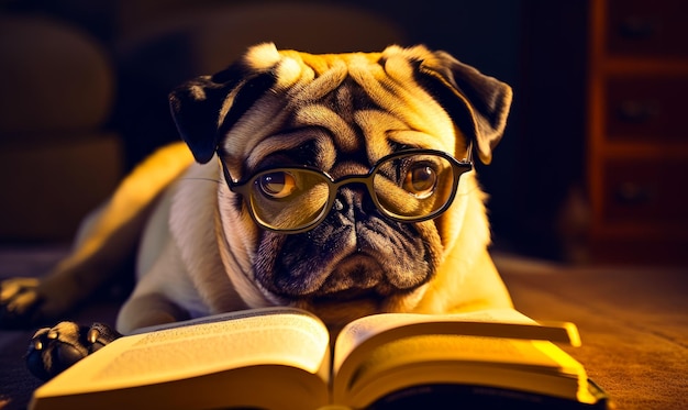 Un perro pug con gafas leyendo un libro